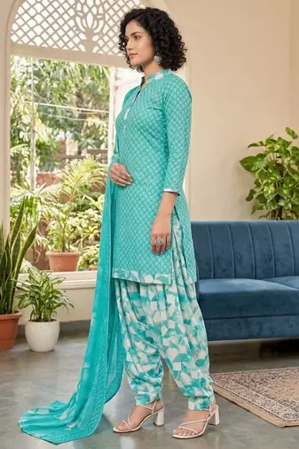 Blue printed cotton blend stitched geometric print salwar kurta dupatta for women