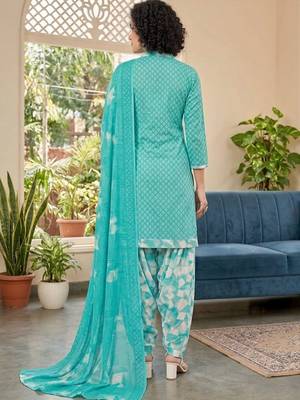 Blue printed cotton blend stitched geometric print salwar kurta dupatta for women 3