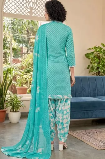 Blue printed cotton blend stitched geometric print salwar kurta dupatta for women