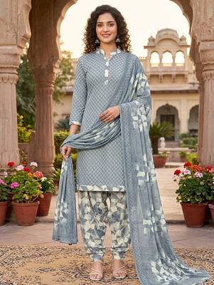 Grey printed cotton blend stitched geometric print salwar kurta dupatta for women 1