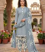 Grey printed cotton blend stitched geometric print salwar kurta dupatta for women