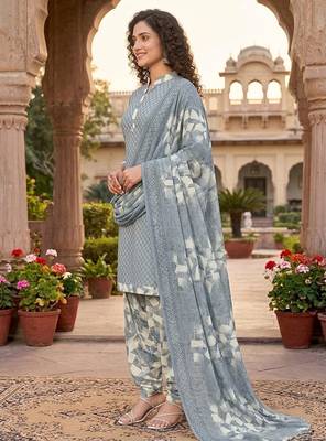Grey printed cotton blend stitched geometric print salwar kurta dupatta for women 2