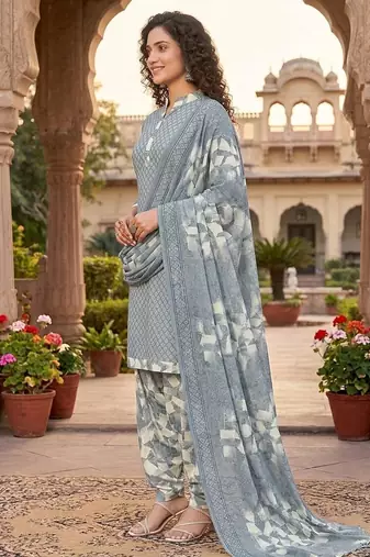 Grey printed cotton blend stitched geometric print salwar kurta dupatta for women