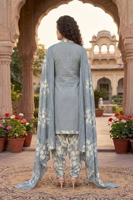 Grey printed cotton blend stitched geometric print salwar kurta dupatta for women 3