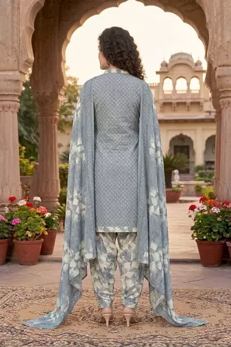 Grey printed cotton blend stitched geometric print salwar kurta dupatta for women