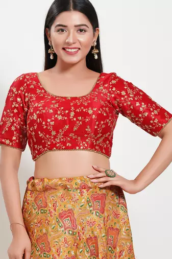 Women's mulbury silk padded back open elbow sleeves saree blouse