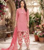 Pink printed cotton blend stitched geometric print salwar kurta dupatta for women