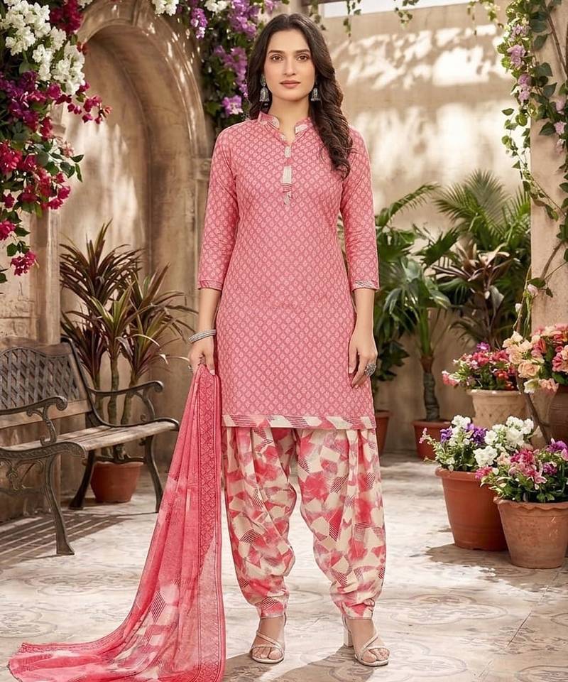 Pink printed cotton blend stitched geometric print salwar kurta dupatta for women