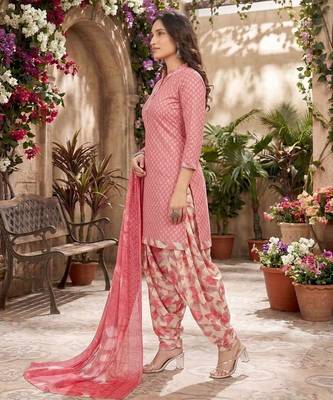 Pink printed cotton blend stitched geometric print salwar kurta dupatta for women 2