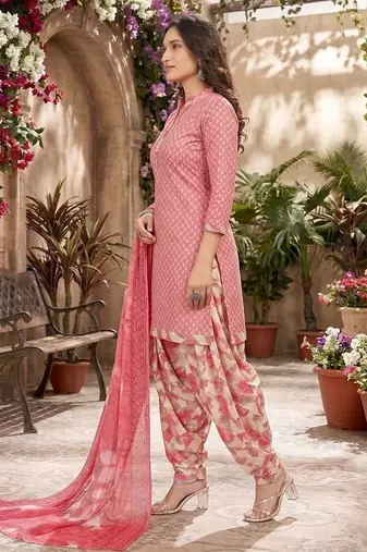 Pink printed cotton blend stitched geometric print salwar kurta dupatta for women