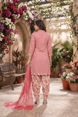 Pink printed cotton blend stitched geometric print salwar kurta dupatta for women 3