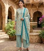 Blue printed cotton blend stitched abstract print salwar kurta dupatta for women
