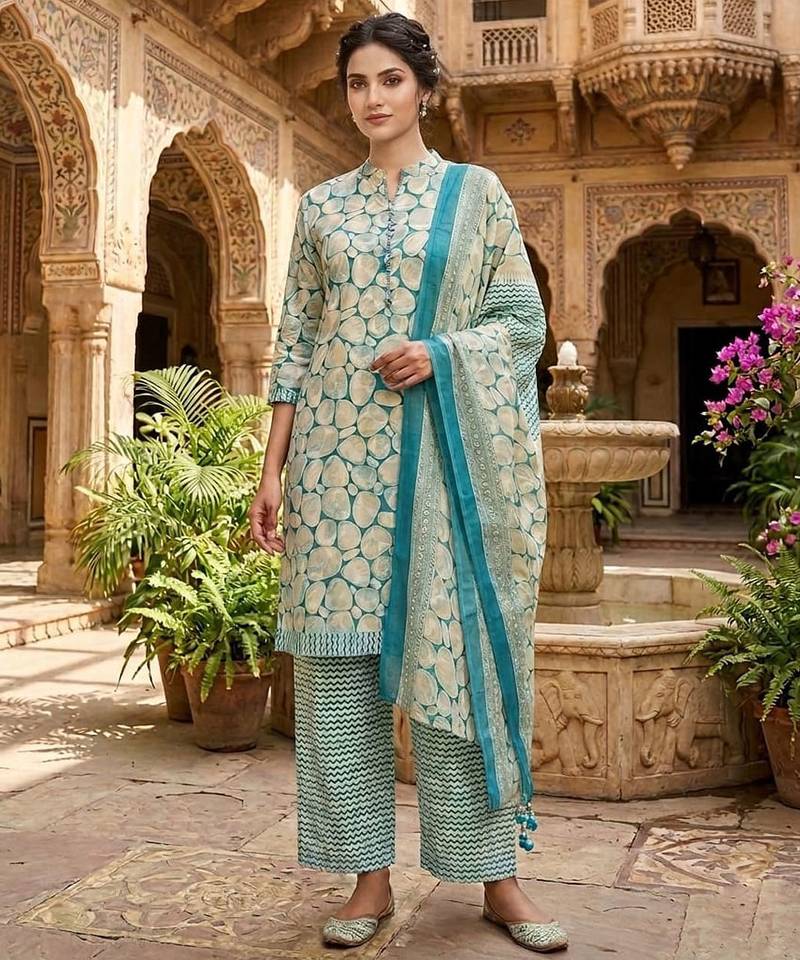 Blue printed cotton blend stitched abstract print salwar kurta dupatta for women