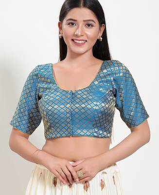 Women's brocade padded front open elbow sleeves saree blouse 1