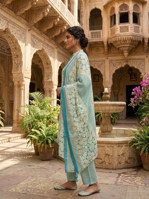 Blue printed cotton blend stitched abstract print salwar kurta dupatta for women 2