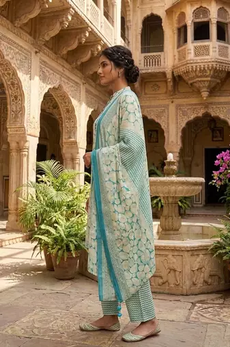 Blue printed cotton blend stitched abstract print salwar kurta dupatta for women