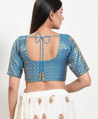 Women's brocade padded front open elbow sleeves saree blouse 2