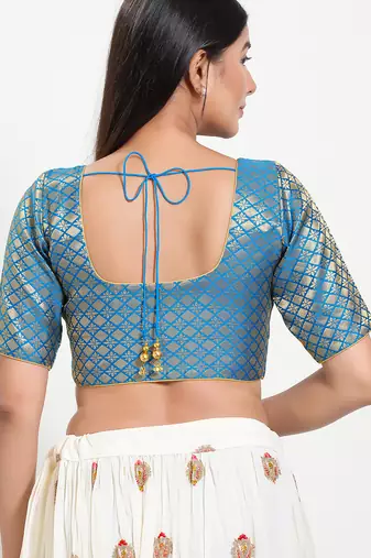 Women's brocade padded front open elbow sleeves saree blouse