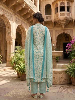 Blue printed cotton blend stitched abstract print salwar kurta dupatta for women 3