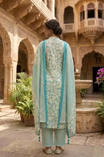 Blue printed cotton blend stitched abstract print salwar kurta dupatta for women