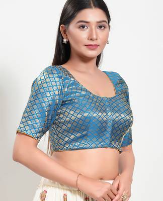 Women's brocade padded front open elbow sleeves saree blouse 3