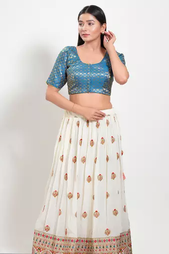 Women's brocade padded front open elbow sleeves saree blouse