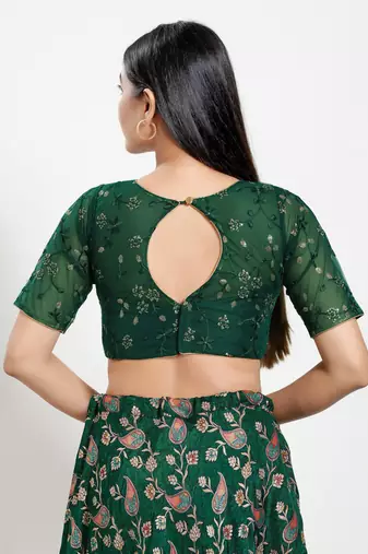 Women's net padded back open elbow sleeves saree blouse