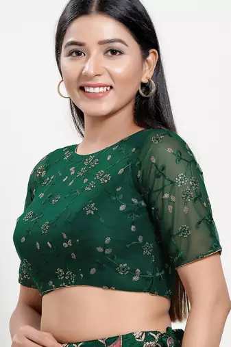 Women's net padded back open elbow sleeves saree blouse