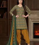 Green printed cotton blend stitched ethnic motifs print salwar kurta dupatta for women