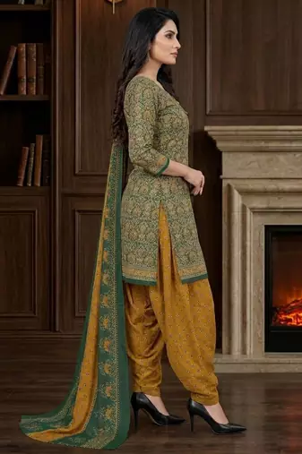 Green printed cotton blend stitched ethnic motifs print salwar kurta dupatta for women
