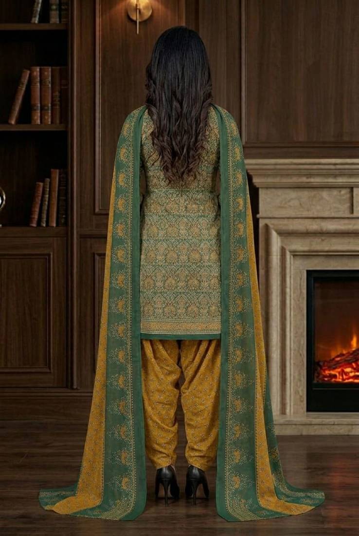Green printed cotton blend stitched ethnic motifs print salwar kurta dupatta for women