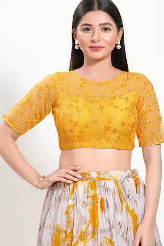 Women's net padded back open elbow sleeves saree blouse