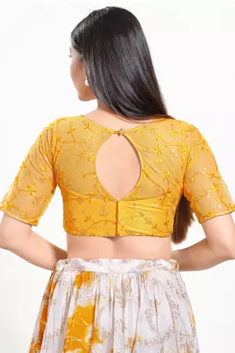 Women's net padded back open elbow sleeves saree blouse