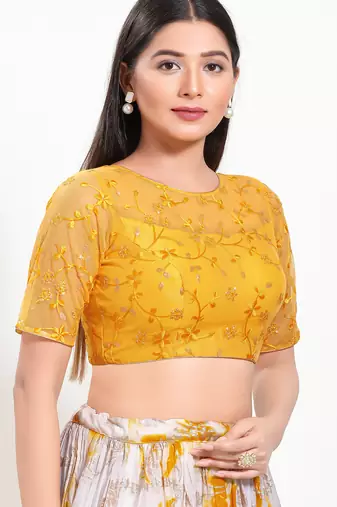 Women's net padded back open elbow sleeves saree blouse
