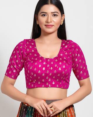 Women's brocade padded front open elbow sleeves saree blouse 1