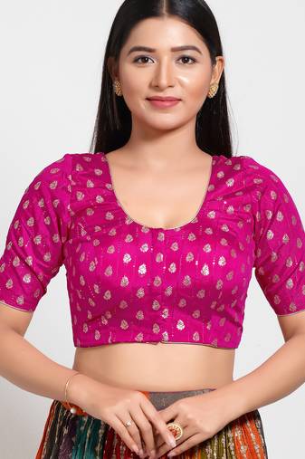Women's brocade padded front open elbow sleeves saree blouse