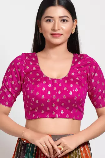 Women's brocade padded front open elbow sleeves saree blouse