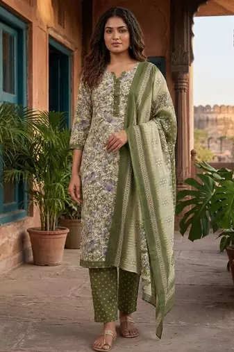 Olive printed cotton blend stitched floral print salwar kurta dupatta for women