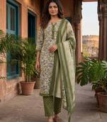 Olive printed cotton blend stitched floral print salwar kurta dupatta for women