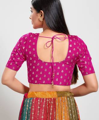 Women's brocade padded front open elbow sleeves saree blouse 2