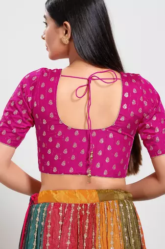 Women's brocade padded front open elbow sleeves saree blouse