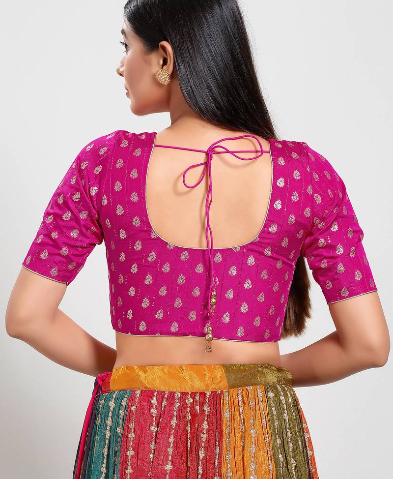 Women's brocade padded front open elbow sleeves saree blouse
