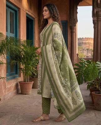 Olive printed cotton blend stitched floral print salwar kurta dupatta for women 2