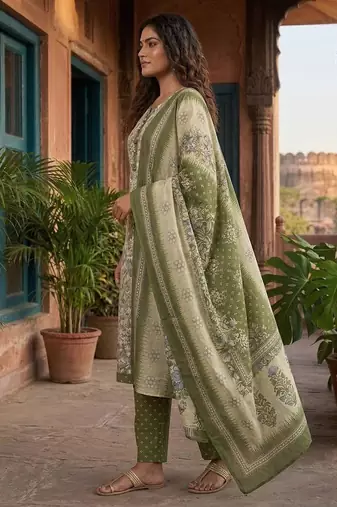 Olive printed cotton blend stitched floral print salwar kurta dupatta for women