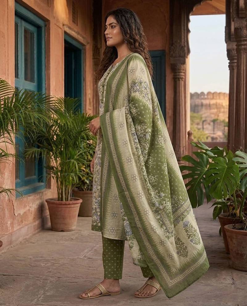 Olive printed cotton blend stitched floral print salwar kurta dupatta for women