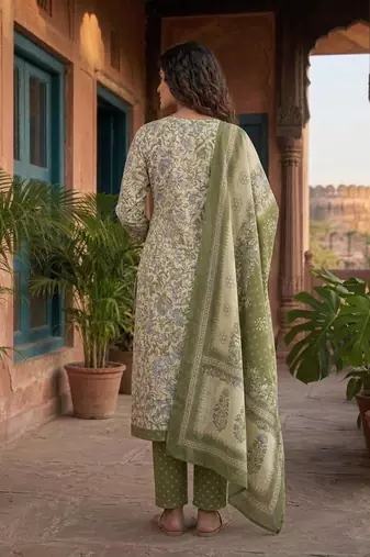 Olive printed cotton blend stitched floral print salwar kurta dupatta for women