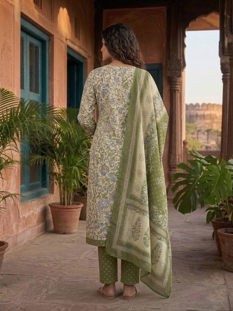 Olive printed cotton blend stitched floral print salwar kurta dupatta for women