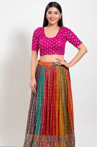 Women's brocade padded front open elbow sleeves saree blouse
