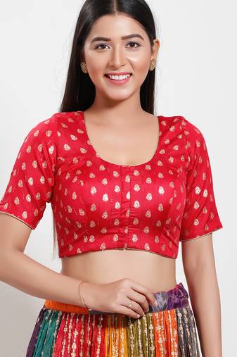 Women's brocade padded front open elbow sleeves saree blouse