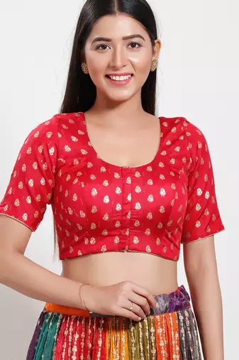 Women's brocade padded front open elbow sleeves saree blouse